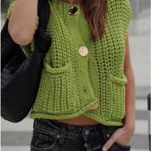 Bright Lime Green Chunky Knit Sleeveless Cardigan